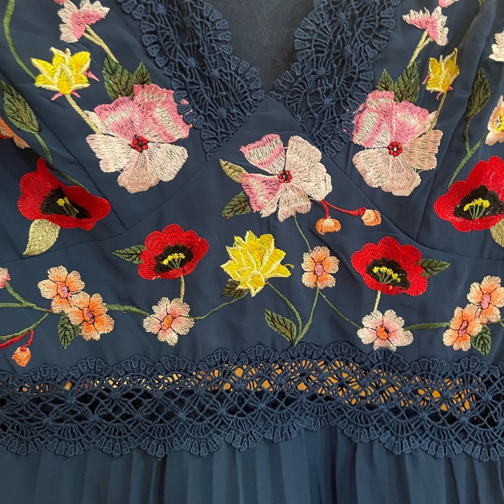 Floral Embroidered Navy Dress. Perfect for Wedding Guest. Sheer midriff. - Picture 7 of 7